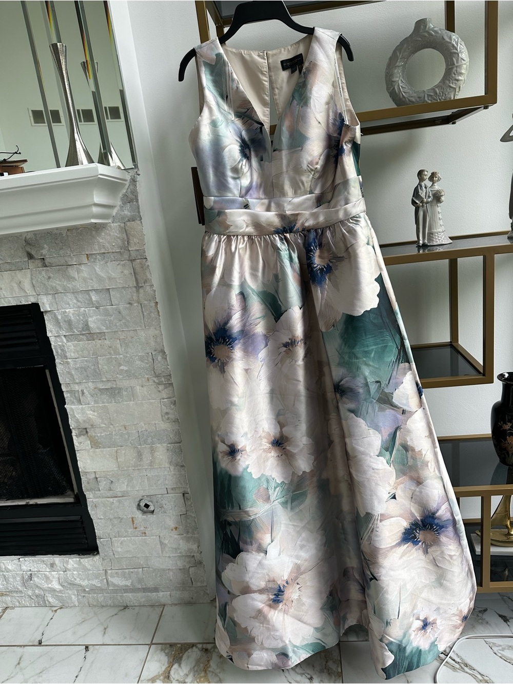 Donna Karan Floral Plunge Neck Ball Gown Dress - Cream & Teal - Picture 5 of 8